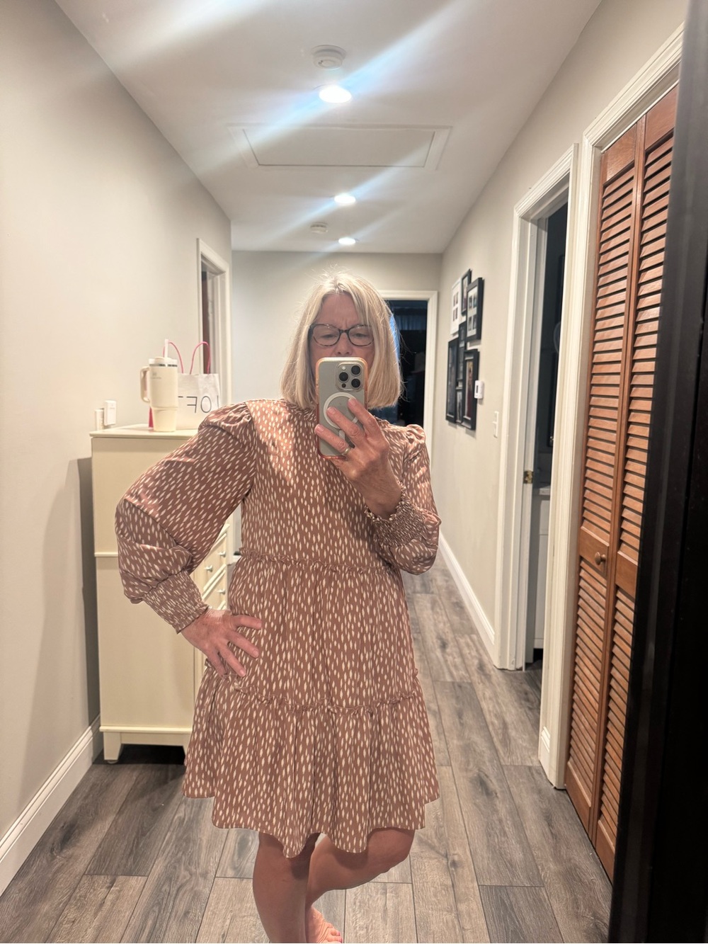 Cute flowy Tan Printed Tiered Long-Sleeve Dress